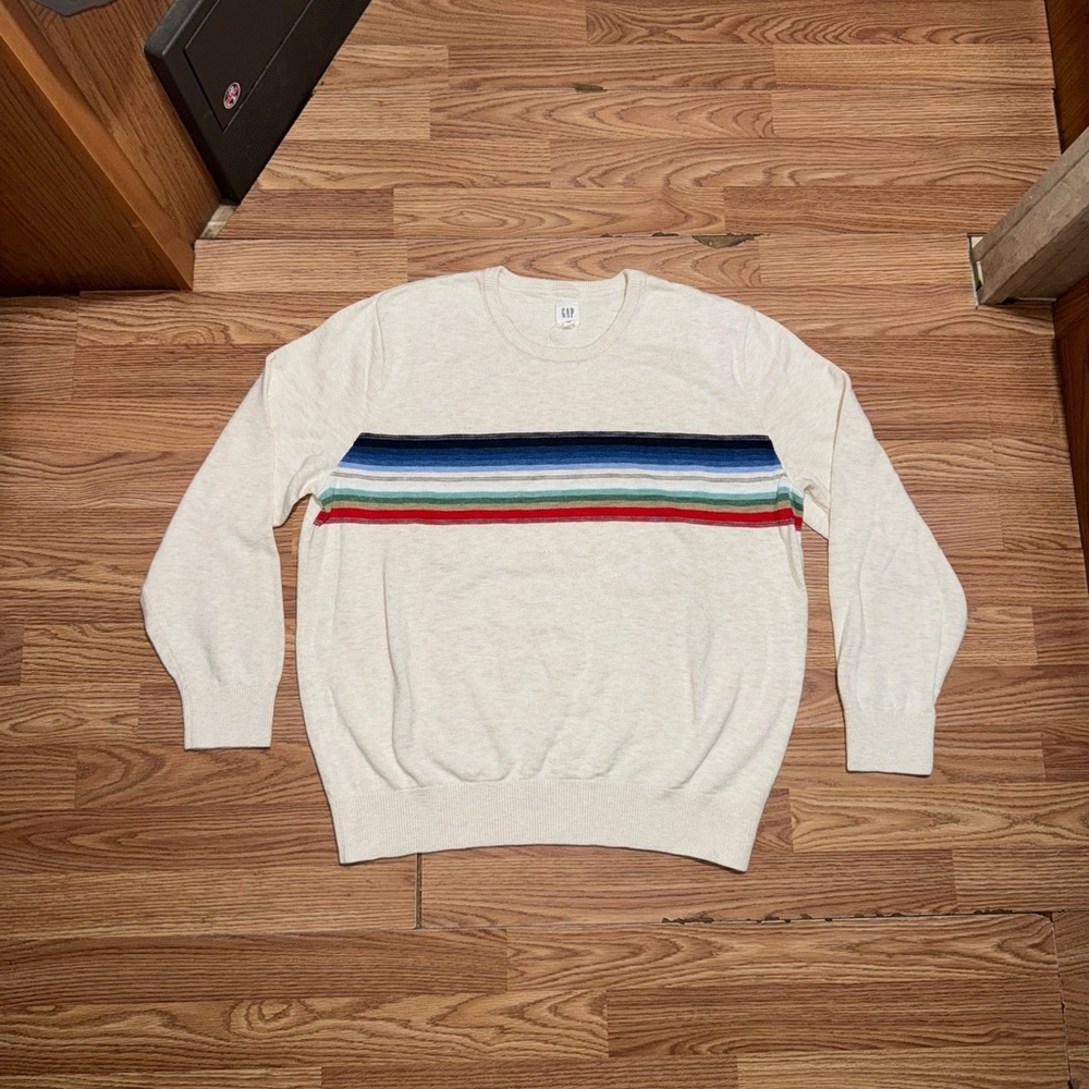 VTG Gap Sweater Mens Xl Colorful Striped White Cotton Blend Crewneck Boho Retro